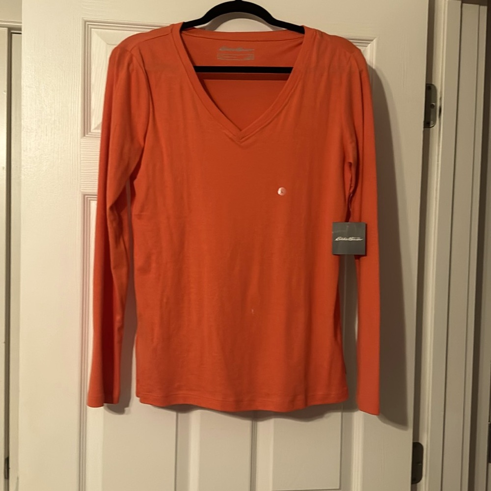 Eddie Bauer v neck long sleeve tee dark coral